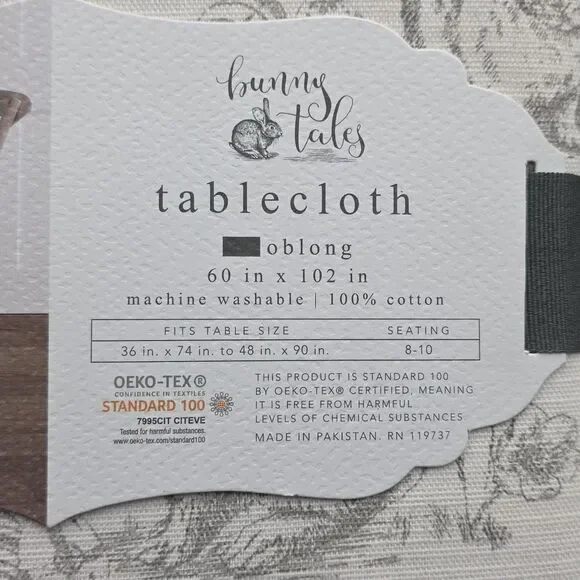 Bunny Tales Easter Tablecloth Spring Rabbit Toile Cotton Oblong 60x102 NIP - Picture 3 of 10